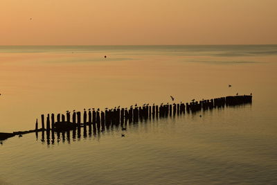 Wooden posts in sea against sky during sunset