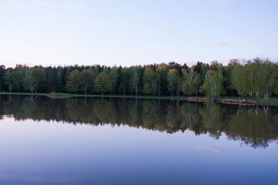 Scenic view of lake in forest against clear sky