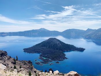 Panoramic view of lake and mountains against blue sky