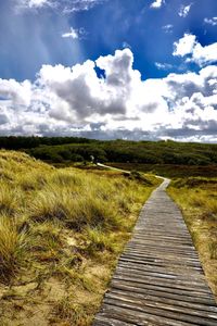 Boardwalk leading towards landscape against sky