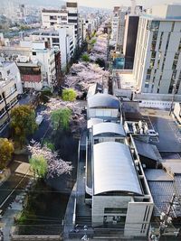 High angle view of street amidst buildings in city