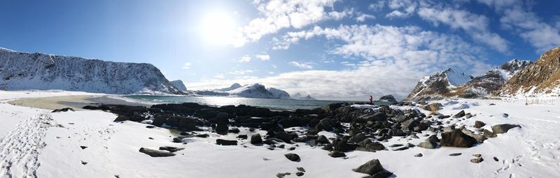 Scenic view of snowcapped mountains and sea against sky