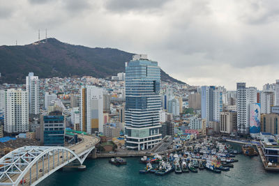 High angle view of buildings in city against sky