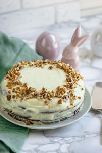 Close-up of cake in plate on table