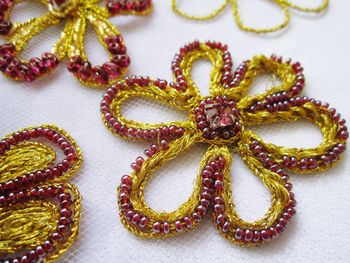 Close-up of floral embroidery on fabric