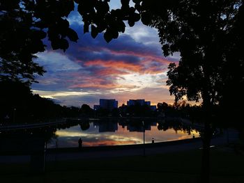 Silhouette of trees and buildings at sunset