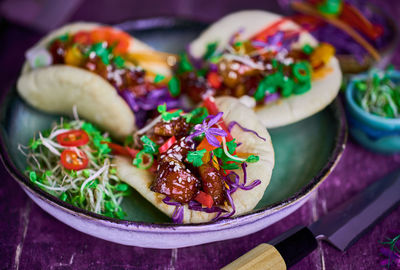 High angle view of food in plate on table