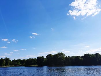 Scenic view of lake against blue sky