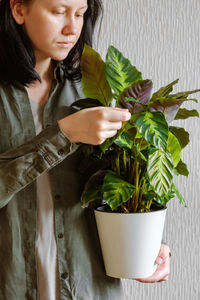 Woman with dark hair in a green shirt holds in her hands a beautiful calathea flower in a white pot