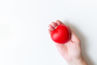 Close-up of hand holding red over white background