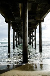 Underneath view of pier at dusk