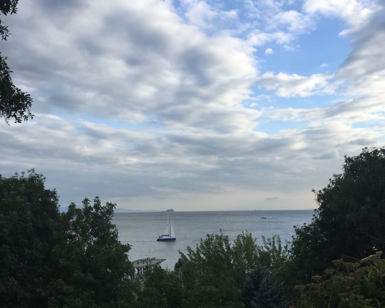 nautical vessel, water, sky, boat, mode of transport, sea, tree, horizon over water, cloud - sky, tranquil scene, tranquility, scenics, beauty in nature, nature, cloudy, cloud, sailboat, sailing, outdoors, idyllic, no people, day, journey, non-urban scene, remote, blue, growth, weather