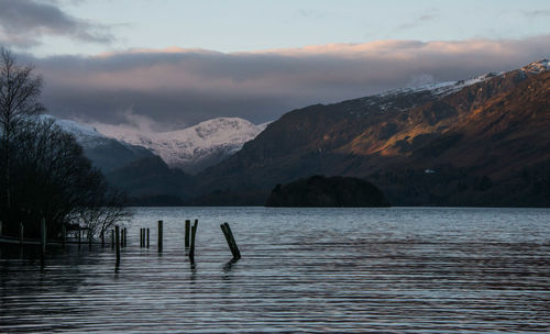 Scenic view of lake against cloudy sky
