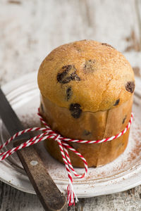 Front view of little panettone with chocolate. panettone is a typical italian christmas cake 