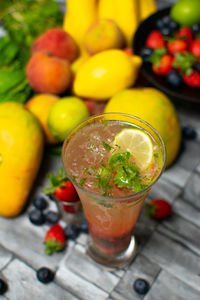 Close-up of fruits in glass on table