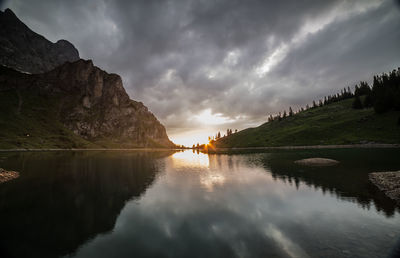 Scenic view of lake against sky during sunset