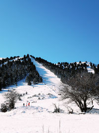 Snow covered landscape ski resort against clear blue sky