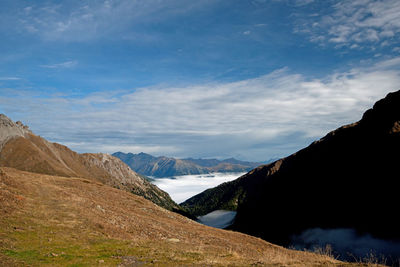 Scenic view of mountains against cloudy sky