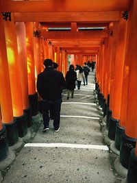 Rear view of people walking inside torii gate