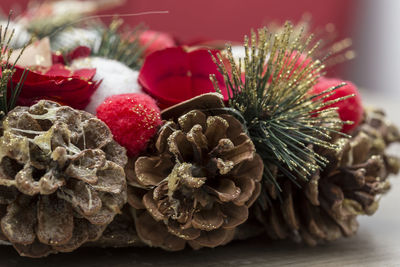 Close-up of christmas decorations on table