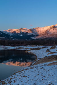 Scenic view of lake and mountains against clear blue sky