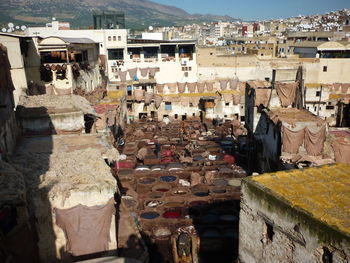 Rooftop view of leather tannery in fez, morocco