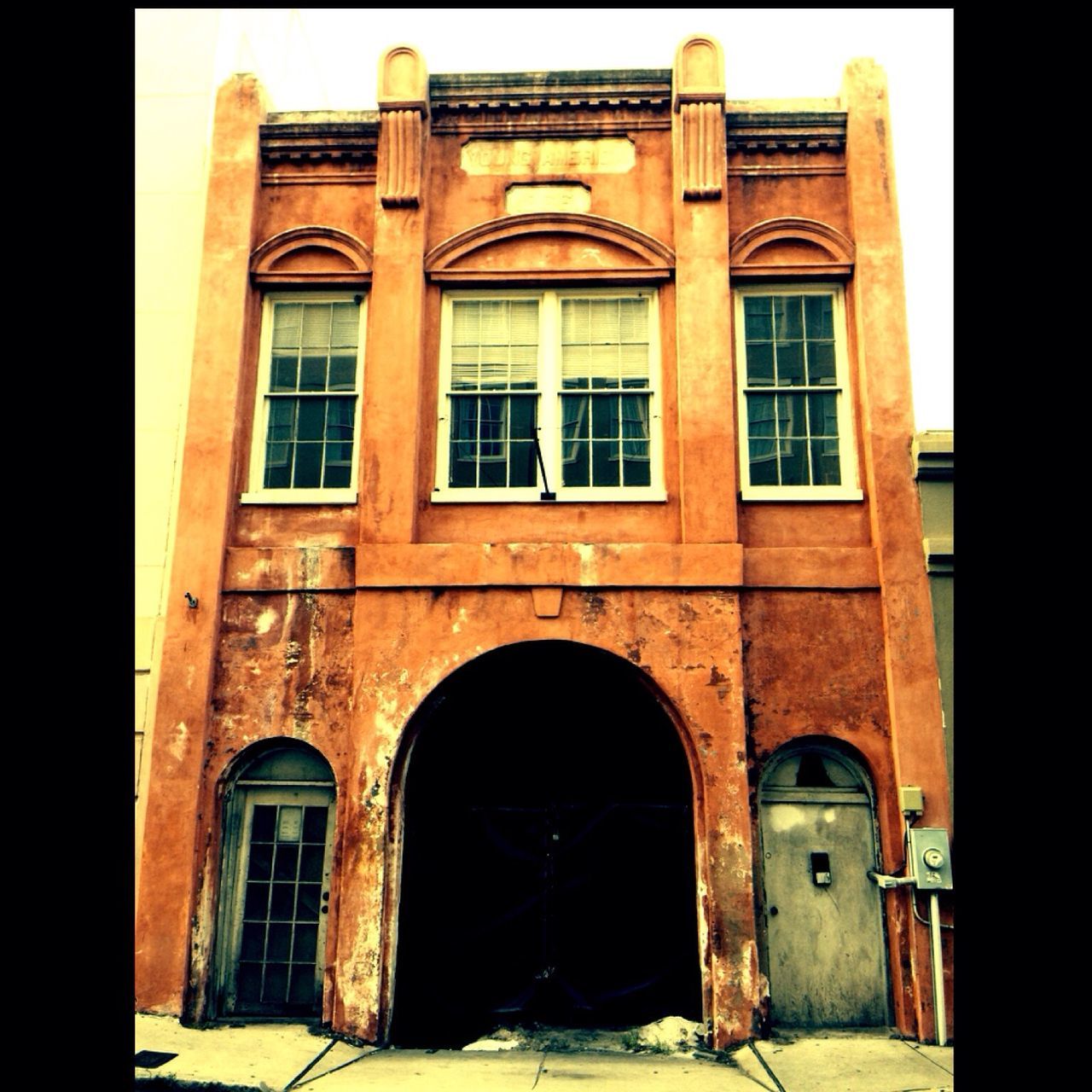 architecture, built structure, building exterior, window, arch, facade, door, entrance, house, transfer print, building, residential building, residential structure, auto post production filter, old, closed, outdoors, day, low angle view, no people