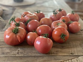 High angle view of tomatoes on table