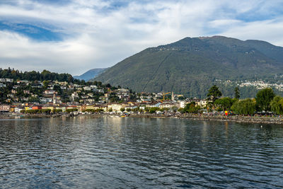 View of ascona from the ferry sailing on lake, canton ticino, switzerland