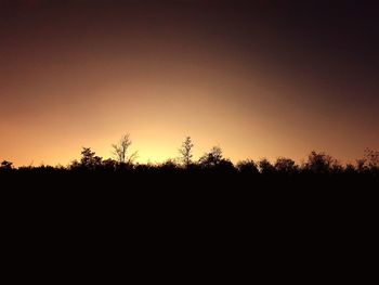 Silhouette trees on landscape against clear sky