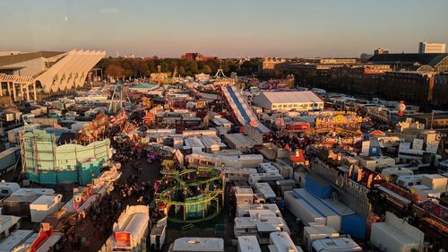 High angle view of townscape against sky during sunset