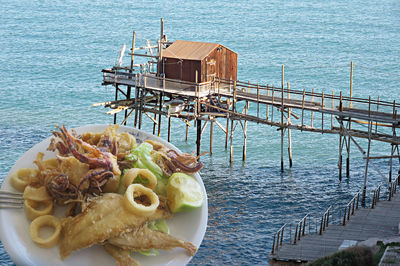 Trebuchet hut on the sea with fish dish close-up