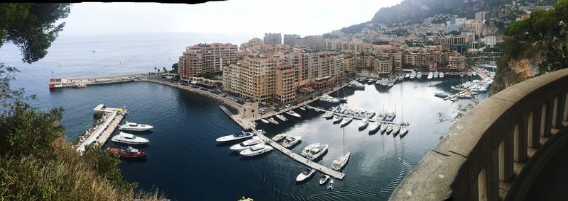 High angle view of boats moored in river