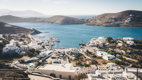 High angle view of town by sea