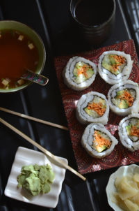 High angle view of sushi served on table