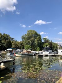 Sailboats moored in river against sky