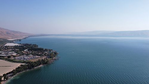 High angle view of sea against clear sky