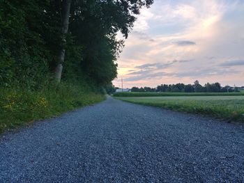 Surface level of road amidst trees on field against sky