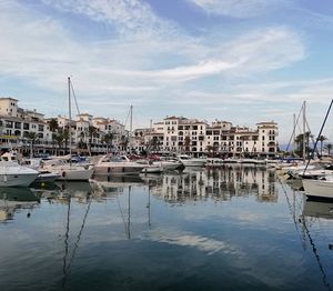 Sailboats moored at harbor