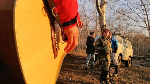 Two people walking in the dark