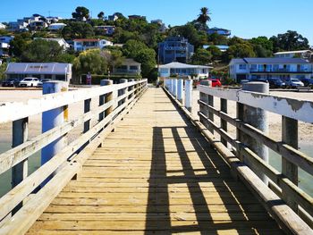 Walkway amidst buildings in city against sky