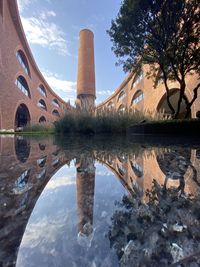 Reflection of building in lake against sky