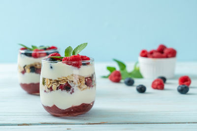 Close-up of dessert in glass on table