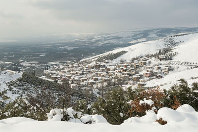 Aerial view of snowcapped mountain against sky