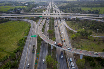 High angle view of bridge over highway in city