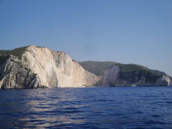Scenic view of sea against clear blue sky