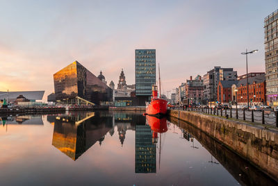 River with reflection against buildings in city