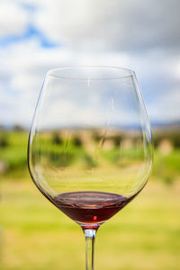 Close-up of red wine in glass on field against sky