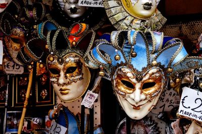 Close-up of masks hanging at shop for sale