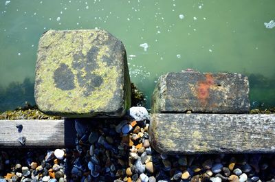 Directly above shot of groyne in lake during sunny day